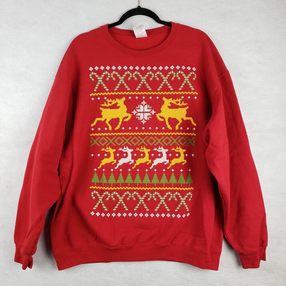 Jerzees Size‎ XL Holiday Fair Isle Sweatshirt Red Reindeer Ugly Sweater Party